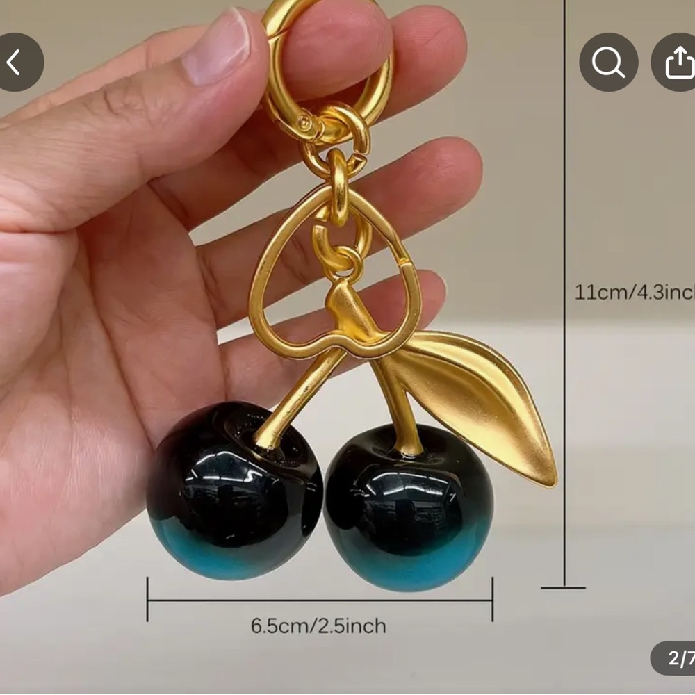 Golden-Tone Cherry Blossom Purse Charm/Keychain Black & Teal Ombre - Picture 3 of 4